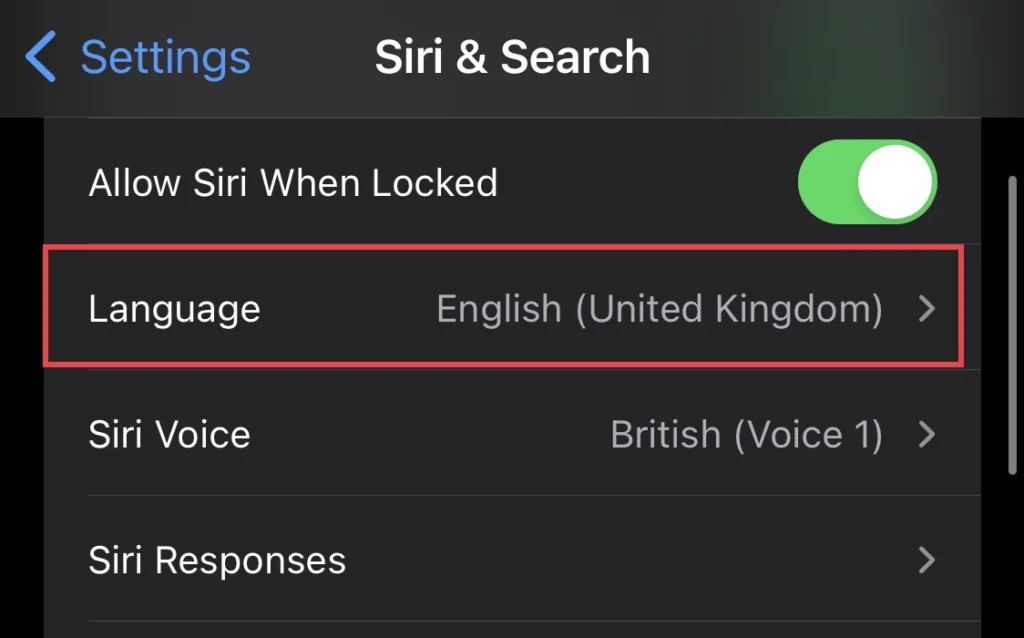 Next, select "Language" from the Siri & Search.