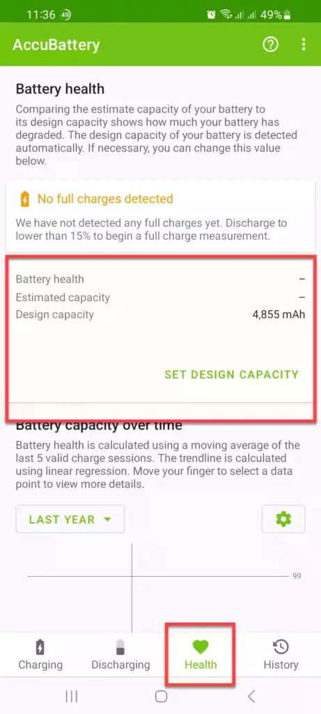 Your Samsung's battery health in the AccuBattery app