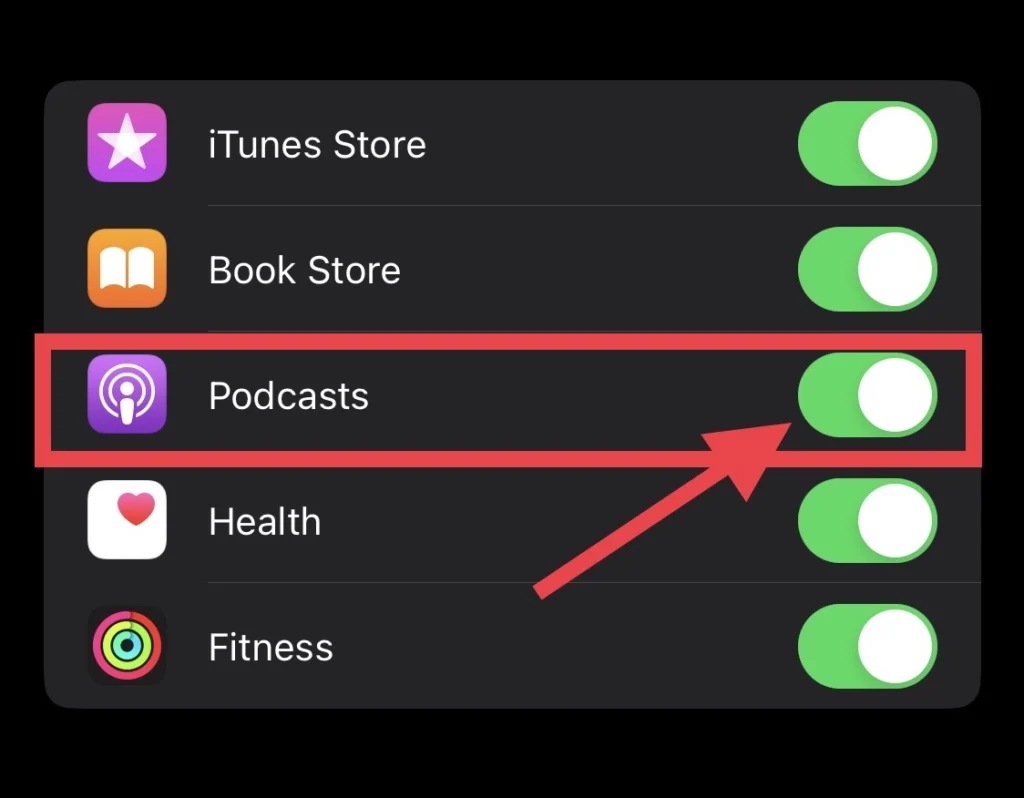 Then turn on the "Podcasts" app.