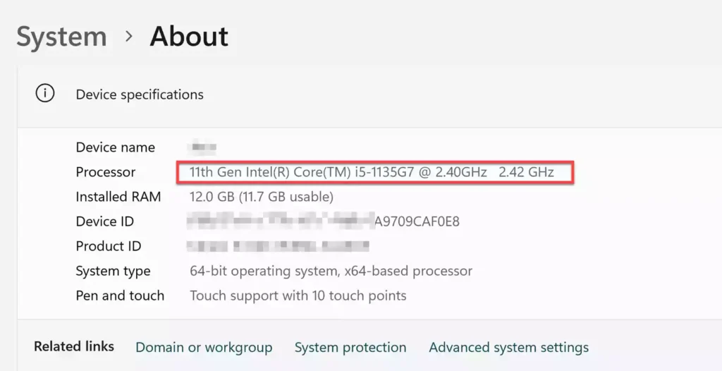 Processor's generation in About, System settings