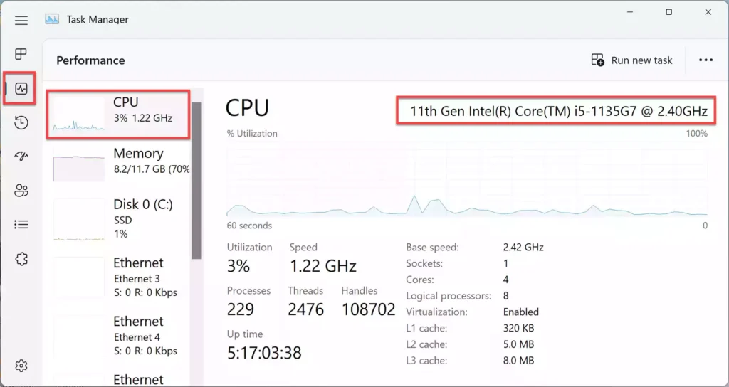 Know your laptop's generation in Task Manager