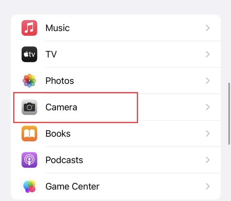 Select Camera from settings menu.