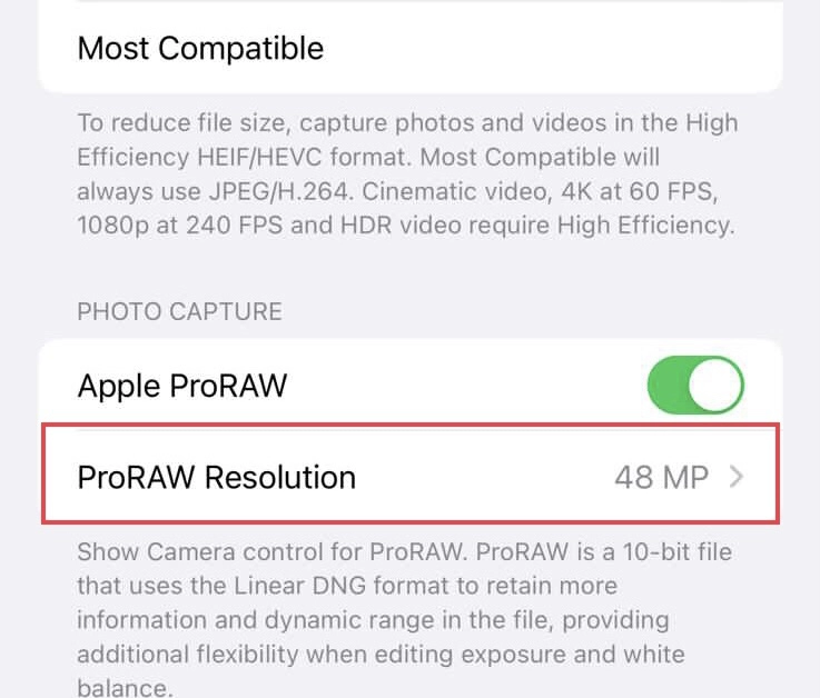 Next, tap on ProRaw Resolution.