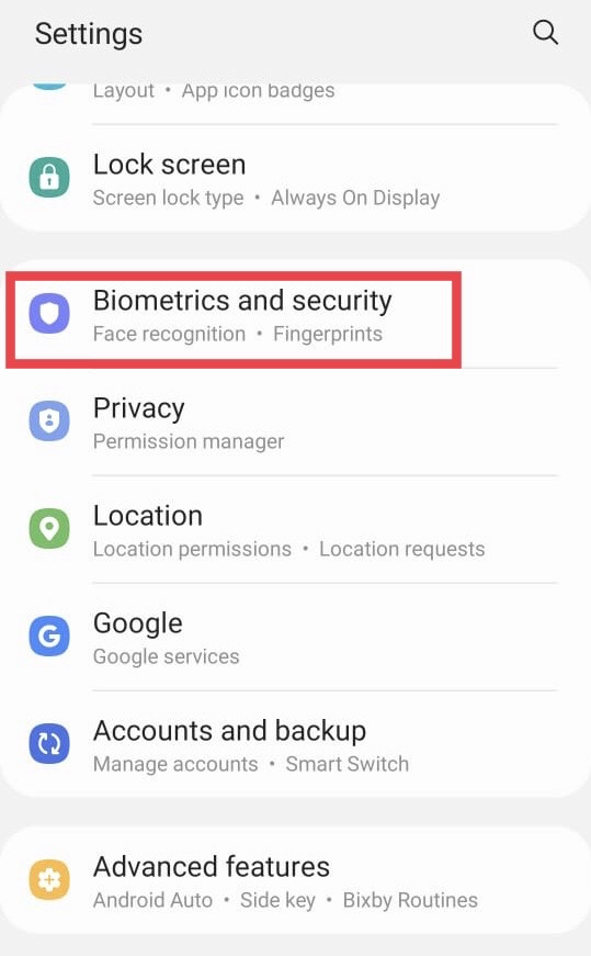 Select Biometrics and security from the settings menu.