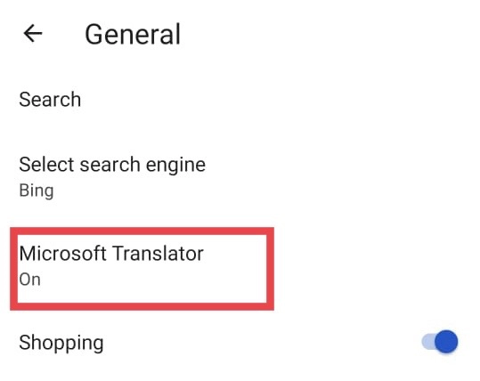 Select Microsoft Translator from General menu.