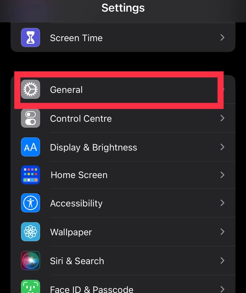 Go to General menu in the Settings app.