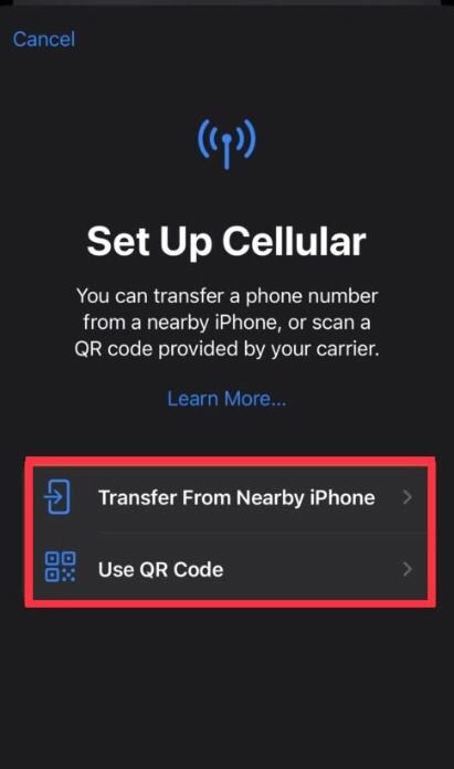 On the Set Up Cellular choose Transfer From Nearby iPhone or Use QR Code.